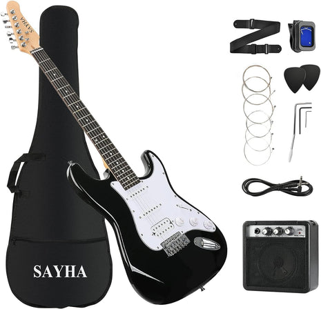 SAYHA Electric Guitar, 39 Inch Solid Full size Electric Guitar HSS Pickups Starter Kit Includes Amplifier, Bag, Digital Tuner, Strap, String, Cable, Picks Black