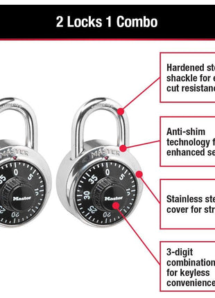 Master Lock Black Gym Locker Lock Combination Padlock, Indoor Combo Lock with Preset 3-Digit Code for Cabinets, Storage, 2 Pack, 1500T
