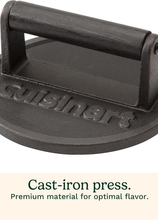 Cuisinart 6.5 inch Cast Iron Smashed Burger Press, Round Flat Edge Grill Press for Crispy Smash Burgers, Burger Tool for Grill and Griddle Accessories, for BBQs and Tailgates