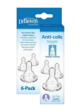 Dr. Brown's Natural Flow Level 4 Baby Bottle Silicone Nipple, Fast Flow, 9m+, 100% Silicone Bottle Nipple, 6 Count (Pack of 1)