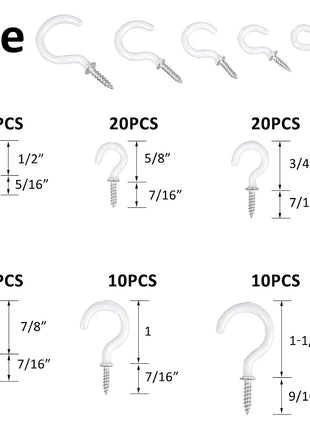 Romeda 90 Pcs White Ceiling Hooks kit, 6 Sizes Vinyl Coated Screw-in Plant, Kitchen, Cup, Ceiling Hooks for Hanging (1/2in, 5/8in,3/4in,7/8in,1'',1-1/4in)