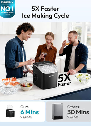 EUHOMY Countertop Ice Maker Machine with Handle, 26lbs in 24Hrs, 9 Ice Cubes Ready in 6 Mins, Auto-Cleaning Portable Ice Maker with Basket and Scoop, for Home/Kitchen/Camping/RV. (Black)