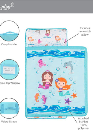 EVERYDAY KIDS Toddler Nap Mat with Removable Pillow -Underwater Mermaids- Carry Handle with Fastening Straps Closure, Rollup Design, Soft Microfiber for Preschool, Daycare Sleeping Bag, Ages 2-6 years