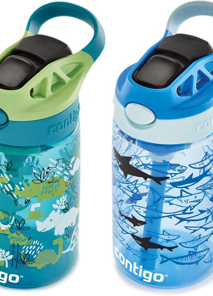 Contigo Aubrey Kids Water Bottle, 2-Pack, 14oz, Dinos & Sharks, Spill-Proof Lid, Dishwasher Safe, Blue & Green