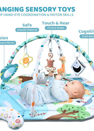 Baby Gym Play Mat, 8-in-1 Tummy Time Mat & Ball Pit with 6 Toys, Washable Baby Activity Play Mat for Visual, Hearing, Sensory, Motor Development, Baby Toys Gift for Toddler Infant 0-3-6-9-12 Months