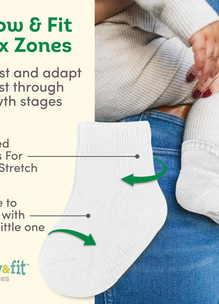 Fruit of the Loom Baby 14-Pack Grow & Fit Flex Zones Cotton Stretch Socks - Unisex, Girls, Boys (0-6 Months, White)