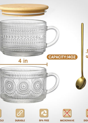 4pcs Set Vintage Coffee Mugs gifts for women, Overnight Oats Containers with Bamboo Lids and Spoons   14oz Clear Embossed Glass Cups, Cute Coffee Bar Accessories, Iced Coffee Glasses
