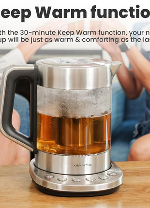 Viante Alba Electric Tea Kettle With Infuser, No Plastic, 1.5L | Borosilicate glass & 304 stainless steel construction. 4 temp presets, keep-warm, cordless, auto shut-off