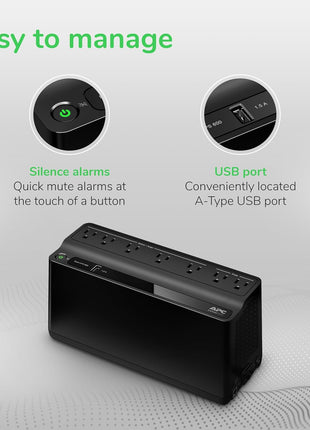 APC UPS 600VA/330W UPS Battery Backup for Computer, Router, NAS, BE600M1 | Power through utlity outages (23 minutes @ 100W). Backup battery with surge protection for routers, modems, PCs. USB charging