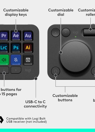 Logitech MX Creative Console, 9 Customizable LCD Keys, Stream Deck Accessories,Connectivity Technology USB-C, Control Dial for Graphic Design, Zoom, Spotify - Graphite, 3-Month Adobe Cloud Membership