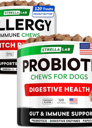 Allergy Relief + Probiotics Dogs Bundle - Itchy Skin Treatment + Digestion & Gut Health - Omega 3 & Pumpkin + Probiotics - Dog Itch Relief + Upset Stomach & Gas Relief - 240 Chews - Made in USA