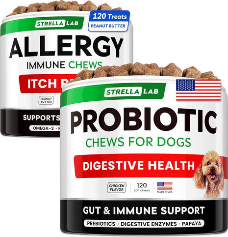 Allergy Relief + Probiotics Dogs Bundle - Itchy Skin Treatment + Digestion & Gut Health - Omega 3 & Pumpkin + Probiotics - Dog Itch Relief + Upset Stomach & Gas Relief - 240 Chews - Made in USA