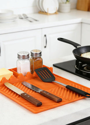Silicone Tools Mat for Griddle Kitchen Cooking Baking Countertop-Side Shelf Spatula Mat with Drip Pad for Blackstone Weber Traeger Pit Boss Flat Top Grill Smoker- BBQ Accessories Gifts for Men(Orange)