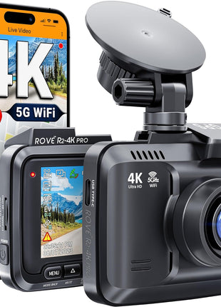 ROVE R2-4K PRO Dash Cam, Built-in GPS, 5G WiFi Dash Camera for Cars, 2160P UHD 30fps Dashcam with APP, 2.4 inch IPS Screen, Night Vision, WDR, 150° Wide Angle, 24-Hr Parking Mode, Supports 512GB Max