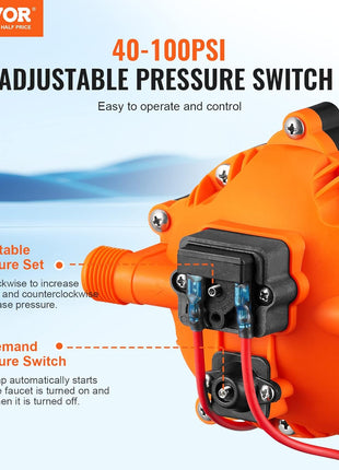 VEVOR Water Diaphragm Pump, 12V DC, 5.5 GPM Flow, 70 PSI Rated Pressure (40-100 PSI Adjustable), 1/2 inch MNPT Self Priming Sprayer Pump with Pressure Switch for Car Washing, Agricultural Irrigation