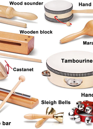 LOOIKOOS Montessori Natural Wooden Musical Instruments Set for Toddlers Preschool Educational Percussion Toys with Storage Bag, Safe Early Learning Toys for Boys Girls (3+)
