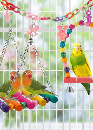 Swing Hanging Standing Chewing Toy Hammock Climbing Ladder, Cage Colorful Toys Suitable for Budgerigar, Parakeet, Conure, Cockatiel, Mynah, Love Birds, Finches