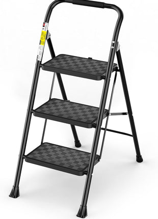 HBTower 3 Step Ladder, 3 Step Stool for Adults, 3 Step Ladder Folding Step Stool with Cushioned Handle Step Ladder with Wide Pedal Ergonomic Design,Black