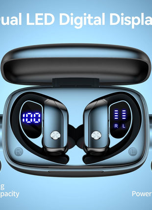 bmani Ear Buds Wireless Earbuds Bluetooth Headphones with 80H Playtime LED Display Case, Over-Ear Hook with Mic, Stereo Sound, Easy Button Controls, Sports Earphones for Running Workout Gym Black