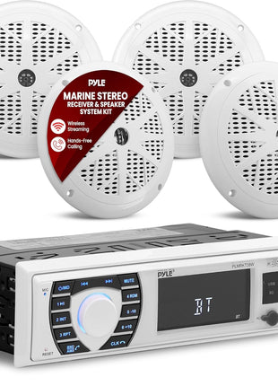 Pyle Marine Radio Receiver Speaker Set 12v Single Din Style Bluetooth Compatible Waterproof Digital Boat In Dash Console System with Mic 4 Speakers, Remote Control, Wiring Harness PLMRKT38W (White)