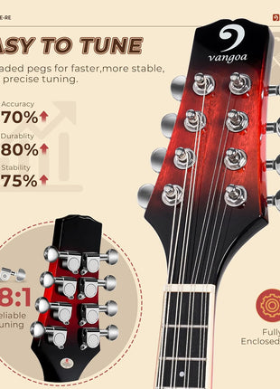 Vangoa Mandolin Musical Instrument A Style Acoustic Electric, 8 Strings Mahogany for Beginner Adults Teens, Red Burst