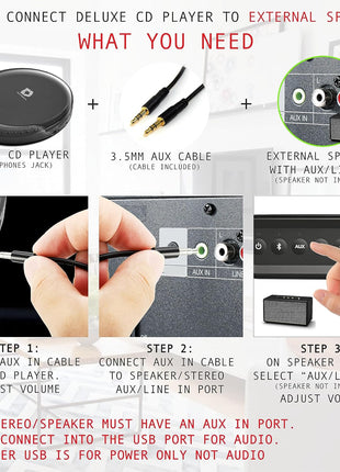 Deluxe Products CD Player Portable with 60 Second Anti Skip, Stereo Earbuds, Includes Aux in Cable and AC USB Power Cable for use at Home or in Car