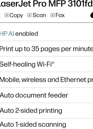 HP LaserJet Pro MFP 3101fdw Wireless Black & White All-in-One Laser Printer, Scanner, Copier, Fax, Best-for-Office (3G628F)
