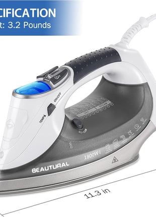BEAUTURAL 1800 Watts Steam Iron with Digital LCD Screen, 3-Way Auto Shutoff | Double-Layer and Ceramic Coated Soleplate, 9 Preset Temperature, Burst of Steam for Variable Fabric, Anti-Drip and Anti-Calc