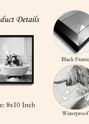 Framed Bathroom Decor Wall Art, Chimpanzee in Bathtub, Black and White Wall Art, Funny Bathroom Wall Decor Signs, Cute Animal Art Home Decor (Framed,8''x10'')