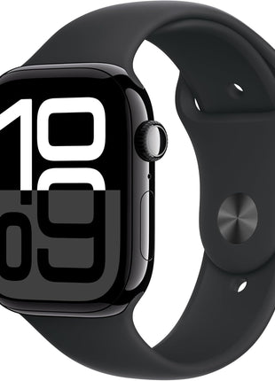 Apple Watch Series 10 [GPS 46mm case] Smartwatch with Jet Black Aluminum Case with Black Sport Band - M/L. Fitness Tracker, ECG App, Always-On Retina Display, Water Resistant