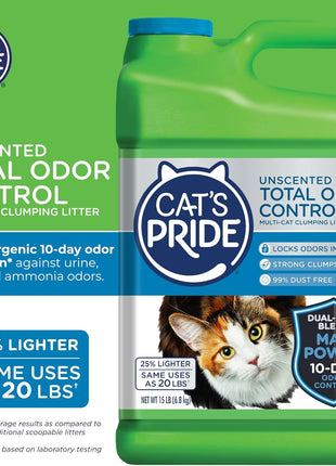 Cat's Pride Max Power: Total Odor Control - Up to 10 Days of Powerful Odor Control - Strong Clumping - Hypoallergenic - 99% Dust Free - Multi-Cat Litter, Unscented, 15 Pounds