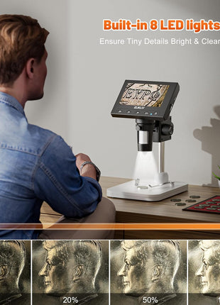 Elikliv Microscope, LCD Digital Coin Microscope 1000x, Coin Magnifier with 8 Adjustable LED Lights, PC View Compatible with Windows/MacBook, EDM4, 4.3-Inch