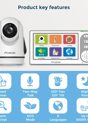 Split-Screen Baby Monitor with 2 Cameras No WiFi, 30H Battery, Pan-Tilt-Zoom, Monitor para bebés with Night Vision, 2-Way Audio, Room Temp Sensor, Lullaby, Plug & Play - Ideal for Travel