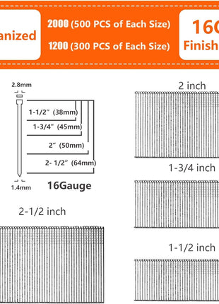Straight 16 Gauge Finish Nails Galvanized 4 Assorted Sizes 1200 PCS | 300 PCS Per Size: 1-1/2", 1-3/4", 2", 2-1/2" fit 16GA Finishing Nailers for Trim, Cabinet, Furniture Wood Projects Pack