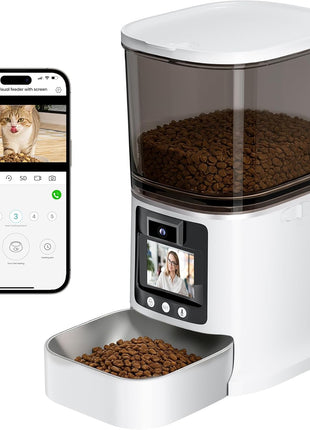 Automatic Cat Feeder with Camera, 2-Way Video& Audio, HD Video with Night Vision, 5G WiFi Pet Feeder, 5L Large Food Storage Container for Multiple Pet, Detachable for Easy Clean (White)