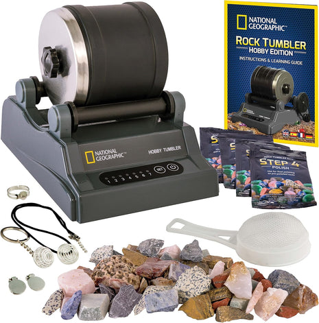 National Geographic Hobby Rock Tumbler Kit for Kids and Adults Ages 8+ | Rough Gemstones, 4 Polishing Grits, Rock Polisher, Geology Science Kit, Rock Tumbling for Kids and Adults, Birthday Gift