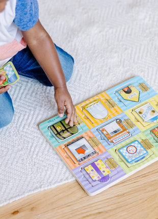 Melissa & Doug Wooden Hide & Seek Activity Board – Montessori Busy Board with Hinges, Doors & 9 Wooden Magnetic Puzzles, Educational Preschool Learning Toy for Toddlers & Kids Ages 3+