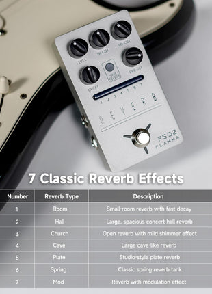 FLAMMA FS02 Reverb Pedal Stereo Guitar Effects with 7 Storable Preset Slots 7 Reverb Effects Room Hall Church Cave Plate Spring Mod True Bypass Trail On