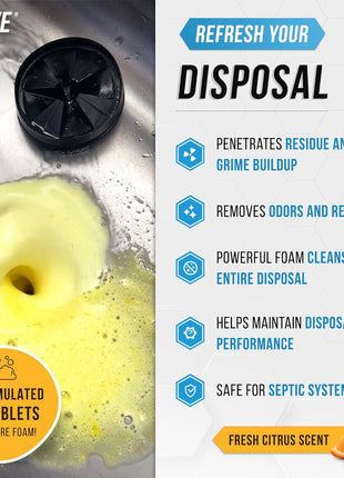 Garbage Disposal Cleaner Deodorizer Tablets   24 Pack, New Powerful xL Foaming Tablet   Fresh Citrus Foam Sink Garburator Disposer Freshener, Natural Kitchen Drain Cleaning Care   1 Year Supply