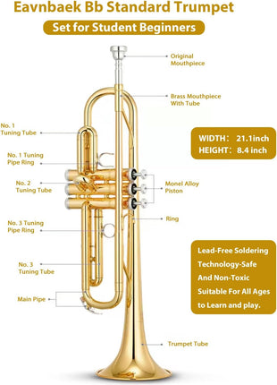 Eavnbaek Bb Standard Trumpet Set for Beginner or Advanced Student, Brass Student Trumpet Instrument with Hard Case, Cleaning Kit, 7C Mouthpiece and Gloves (Gold)