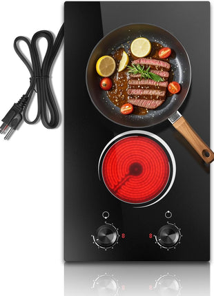 2 Burner Electric Cooktop 110V, 12 Inch Electric Cook Top Plug in, 2000W Electrics Stove with Knob Control, Countertop & Built-in Ceramic Stovetop, 9 Heating Level, Residual Heat Indicator