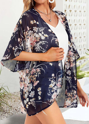 Women's Floral Print Puff Sleeve Kimono Cardigan Loose Cover Up Casual Blouse Tops(Dark Grey,L)