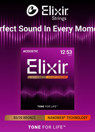 Elixir Strings, Acoustic Guitar Strings, 80/20 Bronze with NANOWEB Coating, Longest-Lasting Bright and Focused Tone with Comfortable Feel, 6 String Set, Light 12-53