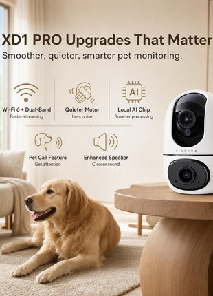 VIRTAVO Pet Camera Indoor WiFi 6, No Subscription, for Dogs Cats | Dual Band 2.4/5GHz, 360° Auto Tracking, Pet Call, Dual Lens, 2-Way Audio, Night Vision, SD & Cloud, Wired