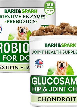 Glucosamine Bacon Flavor + Dog Probiotics Bundle - Joint Pain Relief + Gas, Diarrhea Relief - Chondroitin, MSM, Omega-3 + Digestive Enzymes, Prebiotics - Chewable Fiber - 300 Soft Chews - Made in USA