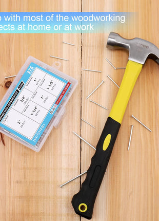 376PCS Nails & Hammer Set, 8oz Hammer, 6 Nail Sizes for Hanging Pictures | Rustproof Coating, Soft Non-Slip Grip, Perfect for Home Repairs, Woodworking, and Handmade Projects