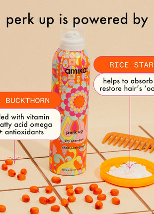 amika perk up talc-free dry shampoo | refreshes roots with a voluminous 'oomph' between washes, no white residue, absorbs oil + reduces odor, for all hair types