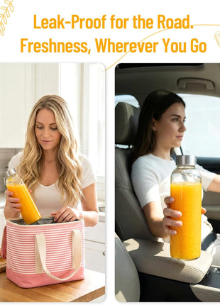 Luxfuel Clear Glass Bottles with Lids 18 oz, Reusable Glass Water Bottles with Stainless Steel Cap for Refrigerator, Juicing, 100% Leak Proof, BPA Free, Juice Bottle Drinking Jar Containers Set of 6