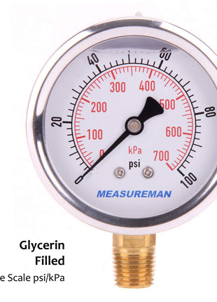 MEASUREMAN 2-1/2 inch Dial Size, Glycerin Filled Pressure Gauge, 0-100psi/kpa, 304 Stainless Steel Case, 1/4 inch NPT Lower Mount