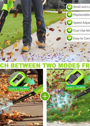 2025 Upgrade Leaf Blower, Leaf Blower Cordless with 2 * 2.6AH Batteries and Fast Charger, 450CFM &150MPH and 2 Speed Mode, Lightweight Electric Leaf Blowers for Lawn,Yard, Leaves, Dust,Snow Care